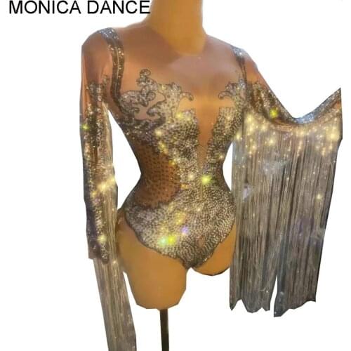 Women Sparkling Silver Rhinestone Sequin Tassel Party Bodysuit Bodycon Stage Fringes Jumpsuit Dancer Leotard DS Singer Bodysuit
