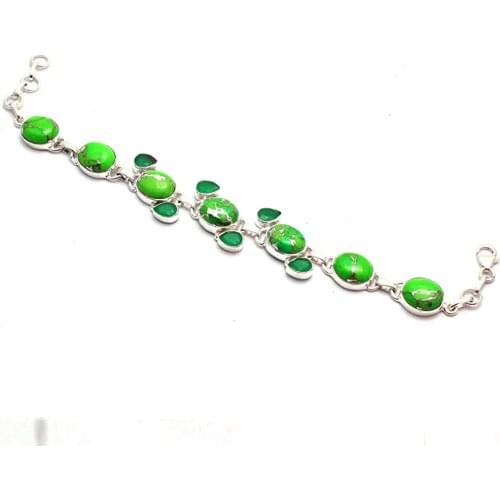 Genuine Green Copper Turquoise + Emerald Bracelet 925 Sterling Silver,20.5cm, GRP0324