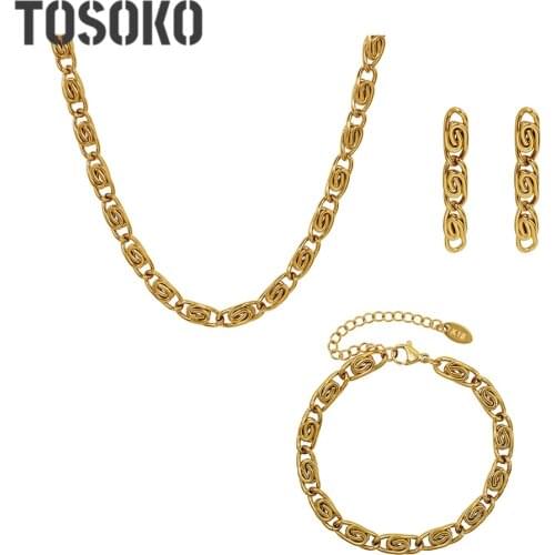 TOSOKO Stainless Steel Jewelry Curly Chain Necklace Women Hip Hop Chain Ear Stud Bracelet Necklace Set BSP1082