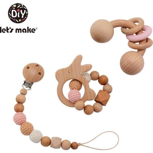 Lets Make 3pc/set Beech Wood Baby Rattley Animal Pacifier Chain Holder For Nipples Mobiles Stroller Accessories Baby Toys