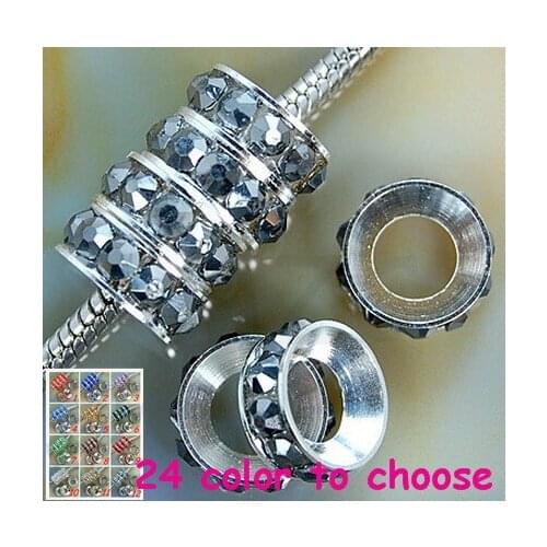 Df1223 10mm IOD Rhinestone Crystal Rondelle Spacer Beads Lot,Rhodium Plated Big Hole European Beads