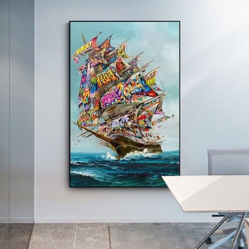 Graffiti Sailboat On The Sea Canvas Poster Abstract Painting Picture Print Wall Art Modern Home Wall Decor Room Decoration