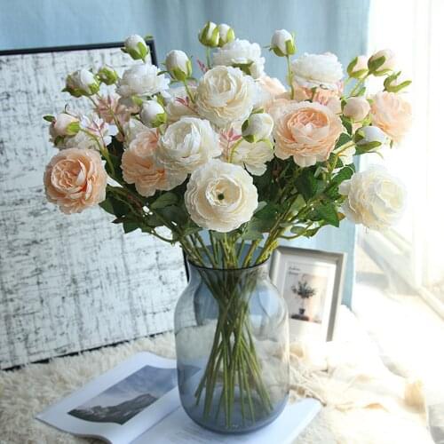 Silk Peony Artificial Flowers Bouquet 2 Big Head and 1 Bud Fake Rose Flowers for Home Wedding Party Decor