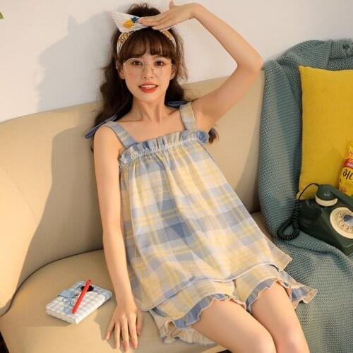 Pijamas De Mujer New Sexy Summer Pajamas Women Large Size Plaid Sleepwear Set Cotton Vest Shirt + Shorts 2 Piece Pyjamas Suit