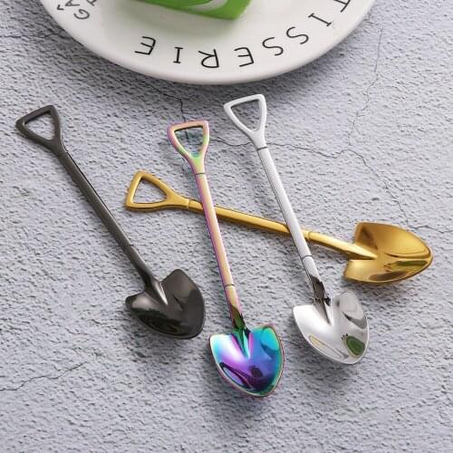 Creative Metal Ice Cream Coffee Spoon Shovel Shape Shell Tea Spoon 4 Colors Afternoon Tea Dessert Long Handle Spoon Kitchen Tool