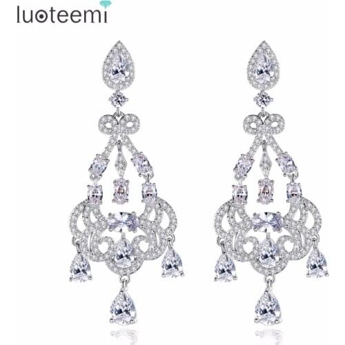LUOTEEMI New Luxury Big Long Flower Pendant Drop Earrings Waterdrop Shining CZ Brincos Bridal Women Wedding Party Jewelry Gift