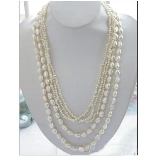 Fashion Women Pearl Jewellery Gift,5Rows 27inches 4-11mm White Baroque Freshwater Pearl Necklace,Perfect Birthday Party Jewelry
