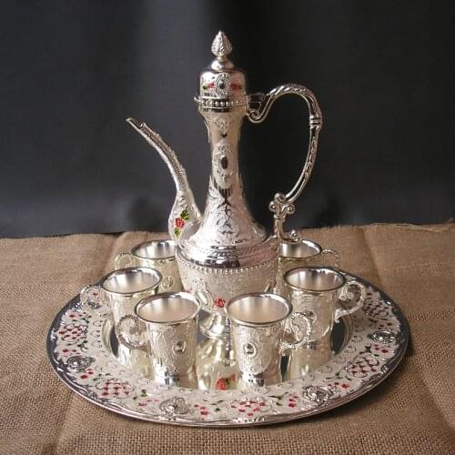 8 PCS per set alloy metal silver white wine set kitchen dining bar 6 wine cups 1 jar 1 tray embossed carved event bar set 319A