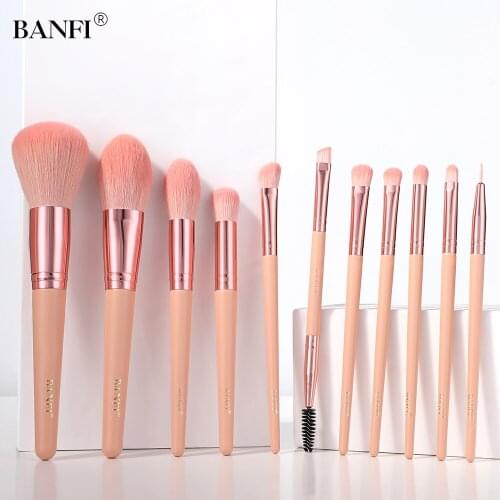 BNAFI 9pcs Peach pink Makeup Brush set with bag EyeShadow Blending Eyeliner Eyelash Eyebrow Make up Beauty Cosmestic Brushes