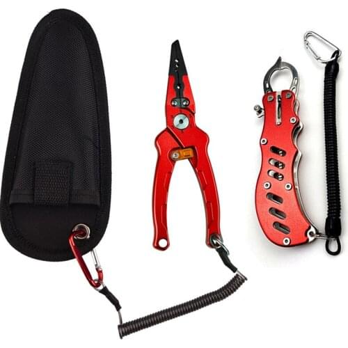 Fishing Pliers Fish Lip Gripper Set,Braid Cutters Split Ring Pliers Hook Remover,Split Ring with Coiled Lanyard and Sheath