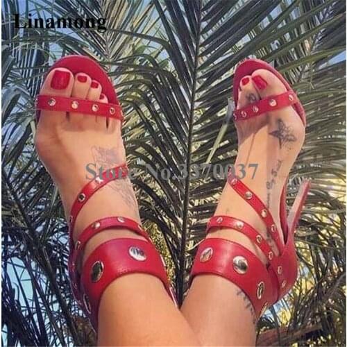 New Design Women Summer Fashion Open Toe Metal Rivet Stiletto Heel Sandals Ankle Straps Buckle High Heel Sandals Club Shoes