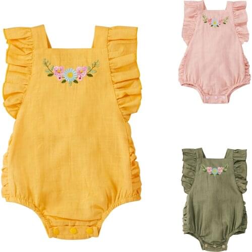New Baby Girl Casual Square Collar Falbala Sleeve Embroidery Jumpsuit-A Good Choice For BabyS Daily Life Pink Yellow Army Green