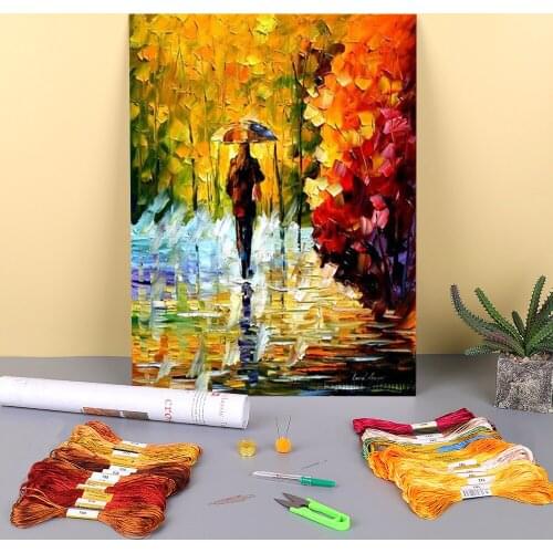 Under Fall Umbrella Printed Fabric 11CT Cross-Stitch Patterns DIY Embroidery DMC Threads Handmade Painting Craft Wholesale