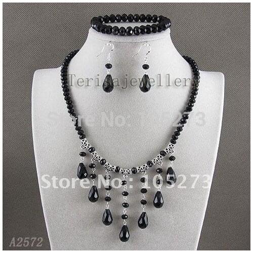 Stunning!crystal jewelry set AA 6x8mm Black crystal necklace&bracelet & earring Wedding jewelry Hot sale free shipping A2572