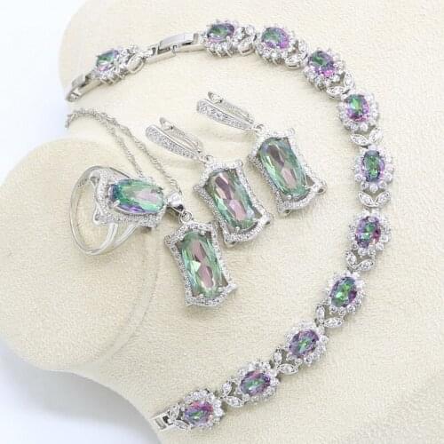 Luxury costume Jewelry Silver Color Wedding Jewelry Set for Women Colorful Bracelet Earrings Necklace Pendant Ring Gift Box