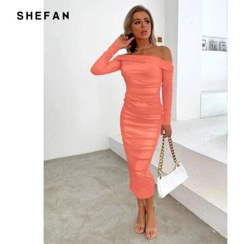 Mesh Solid Off Shoulder Party Dress Women Clothing Long Sleeves Spring Autumn Ruched Bodycon Dresses Female Mid-Calf Vestido