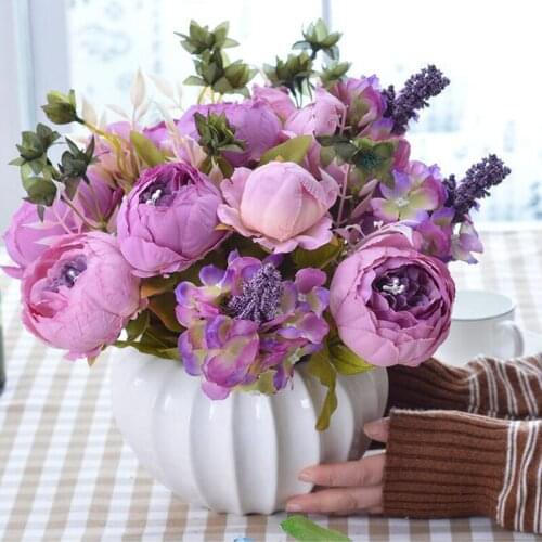 Modern Ceramic Pumpkin Bottle Vase+Silk Flower Set Home Furnishing Craft Decoration Livingroom Desktop Crafts Flower Arrangement