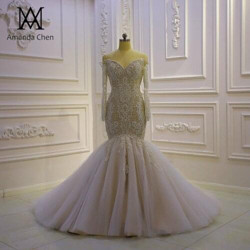 Off Shoulder Long Sleeve Lace Appliques Champagne Mermaid Wedding dress