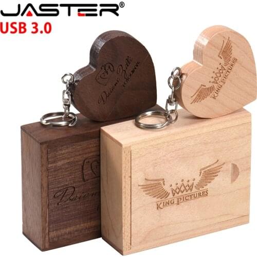 JASTER USB 3.0 (free custom logo) walnut wooden heart + gift box USB flash drive USB creative pendrive 8GB 16GB 32GB 64GB