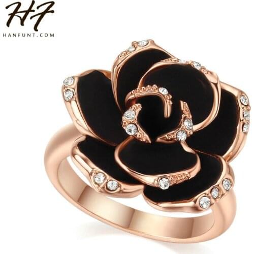 Vintage Elegant Black Color Rose Shaped Rings for Women Rose Gold Color AAA+CZ Fashion Jewelry Xmas R094
