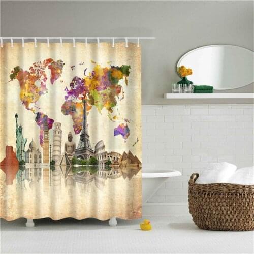 Modern Bathroom Supply Shower Curtains Set World Map Printed Waterproof Fabric Cloth Bath Curtain with 12 Hooks Home Decoration