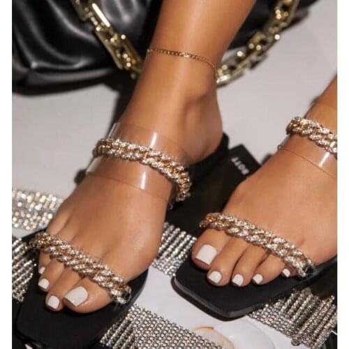 Women Summer Slippers Flats Bling Rhinestone Female Party Shoes Casual Plus Size Fashion Chain Metal Decoration Ladies Slides