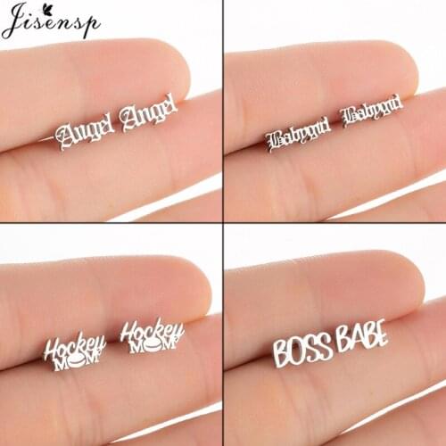 Jisensp Simple Fashion Staineless Steel Black Earrings Punk Old English Letter Angel BOSS BABE Earrings for Women Gift Oorbellen