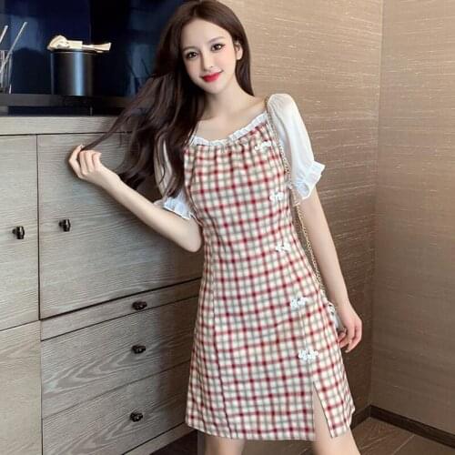 Women Spring Summer Style Dresses Lady Casual Short Lantern Sleeve Patchwork Plaid Printed Dress Vestidos ZZ0776