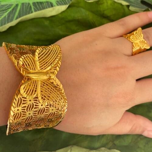 Butterfly Saudi Arabia Bangle for Women 24k Gold Color Hyperbole African India Bracelet with ring Dubai Bridal Wedding Gifts