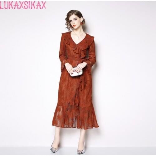 New Spring Autumn Women Sexy V-Neck Speaker Sleeve Slim Long Dress High Quality Elegant Ruffles Caramel Colour Lace Dress