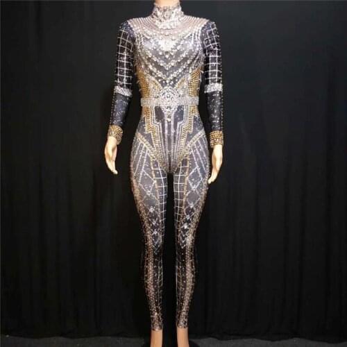 X67 Women stage dress bodysuit rhinestone printing jumpsuit bar singer pole dance wears outfits diamonds dance costumes party dj