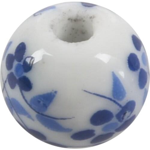 30x Flower Pattern Round Ceramic Beads 12mm(4/8inch) Dia. White+Blue