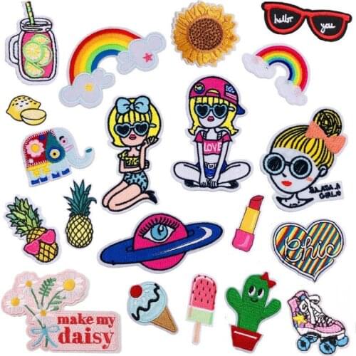 50pcs/lot Embroidery Patch Fashion Cartoon Girl Elephant Rainbow Pineapple Flower Lipstick Clothing Decoration Diy Applique
