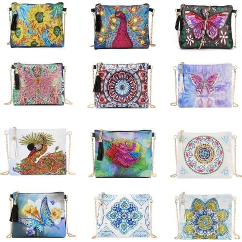 5D DIY Diamond Painting Leather Crossbody Chain Bags Flowers Diamond Embroidery Shoulder Bag Wallet Pouch Makeup Organizer Bags
