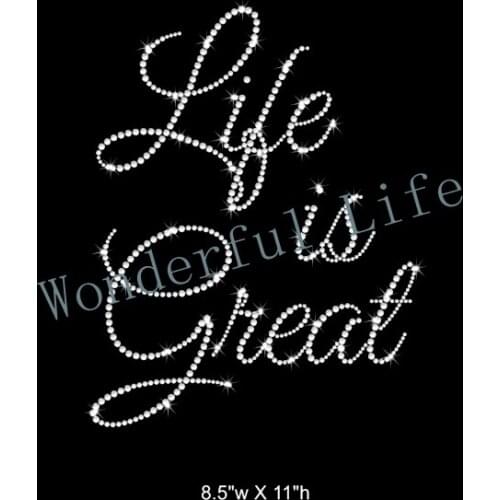 Free Shipping lifeis great words Iron On Hot Fix Rhinestone transfer iron on image