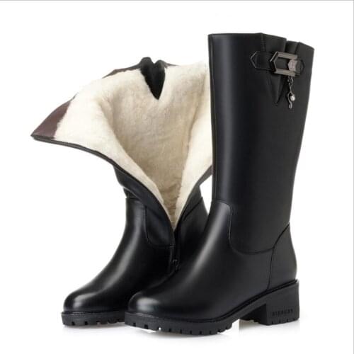 D-397 Big size women winter boots genuine leather women motorcycle boots warm wool Thick heel mid tube side zipper mother boots