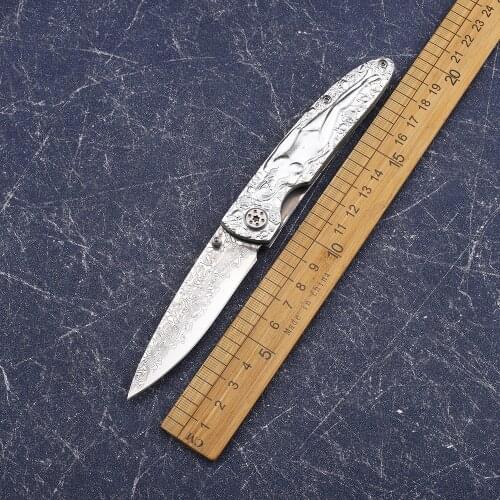 Damascus VG10 blade aluminum handle gold handle hunting outdoor activities pocket fishing pocket fruit tactical knife EDC tool