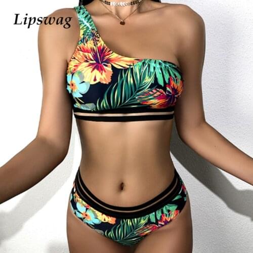 Women Leaves Printed High Waist Two Pieces 2021 One Shoulder Push Up Bikini Set Swimsuit Female Beachwear Monokini Bathing Suit