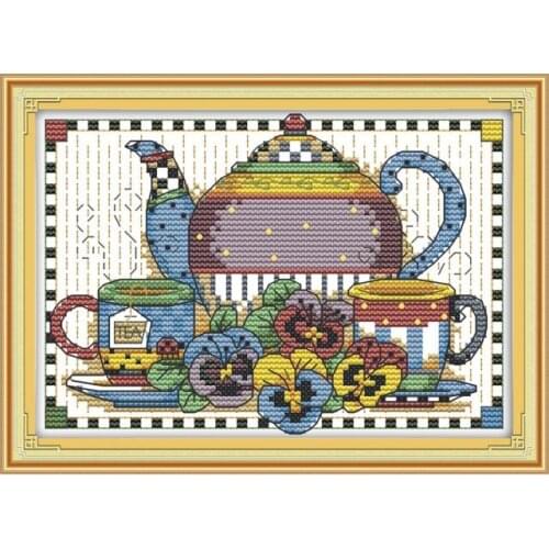 This tea set cross stitch kit cartoon 14ct 11ct count print canvas stitches embroidery DIY handmade needlework plus