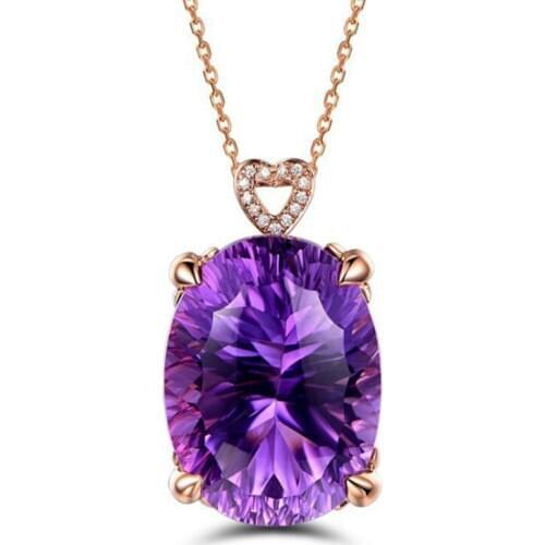 FYJS Unique Rose Gold Color Oval Shape Natural Purple Amethysts Crystal Pendant Necklace Link Chain Jewelry