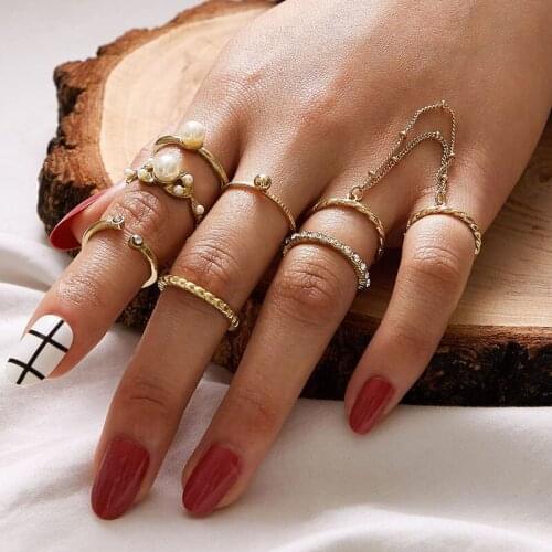 HuaTang Boho Pearl Midi Finger Rings Set for Women Geometric Gold Chains Crystal Open Knuckle Rings Ladies Jewelry Anillos 8pcs