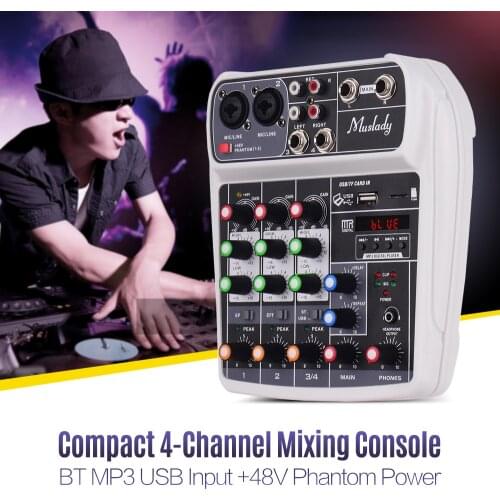 Muslady AI-4 Compact Sound Card Mixing Console Digital Audio Mixer 4-Channel BT MP3 USB Input +48V Phantom Power for Music