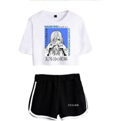 Hot Comic The Quintessential Quintuplets White Exposed Navel T-shirt+Black Shorts Casual Womens/Girls Summer two-piece Sets