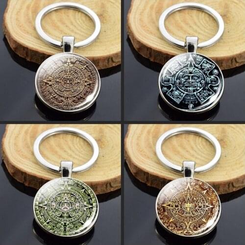 Mayan Aztec Calendar Keychain Double Sided Glass Cabochon Mexican Calendar Keyring Key Chain Jewelry Gift