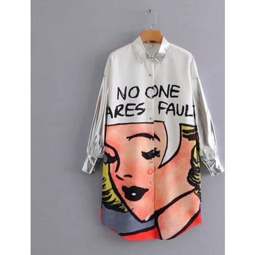 Fashion WomenS Shirt Hiphop Loose Chic Cartoon Print Medium Long Cardigans Vintage Jackets Female Large Size Blouses Рубашка