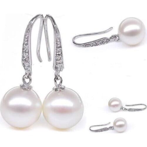 Natural Nice White AAA+ Round 9-10MM pearl Dangle earrings 925 sterling silver free shipping