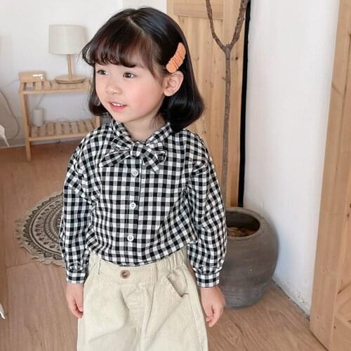 2 3 4 5 6 Years Baby Girls Plaid Shirts Spring New Kids Korean Bow-knot Cotton Long Sleeve Blouse Casual Cute Blouse for Girls