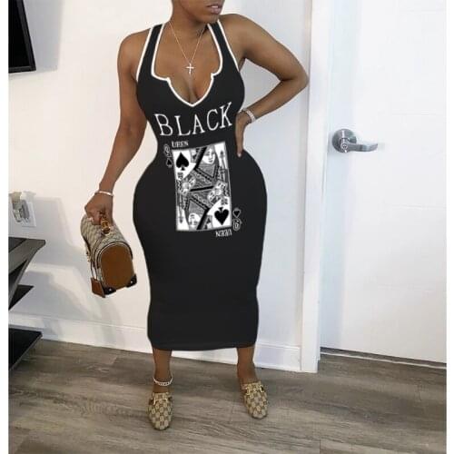 Sleeveless Spades Print Black Vest Summer Maxi Dresses Women Sexy Fashion Club Sheath Slim V-Neck Noble Ladies Mid-Calf Dresses