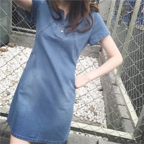 Summer Denim Dress Womens Clothing Vintage V Neck Mid Length Dresses Washed Casual Slimming Short Sleeve Bottoming A Line Dress