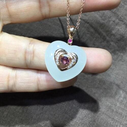 18k gold inlaid and Tian Baiyu heart-shaped pendant set with South African diamond natural powder tourmaline jade pendant
